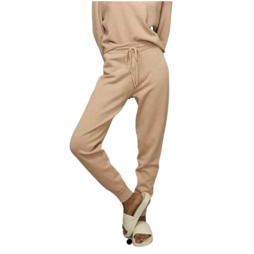 Lunya Tranquil Tan Tie Waist High Rise Cozy Cotton Silk Jogger Pants Size XS